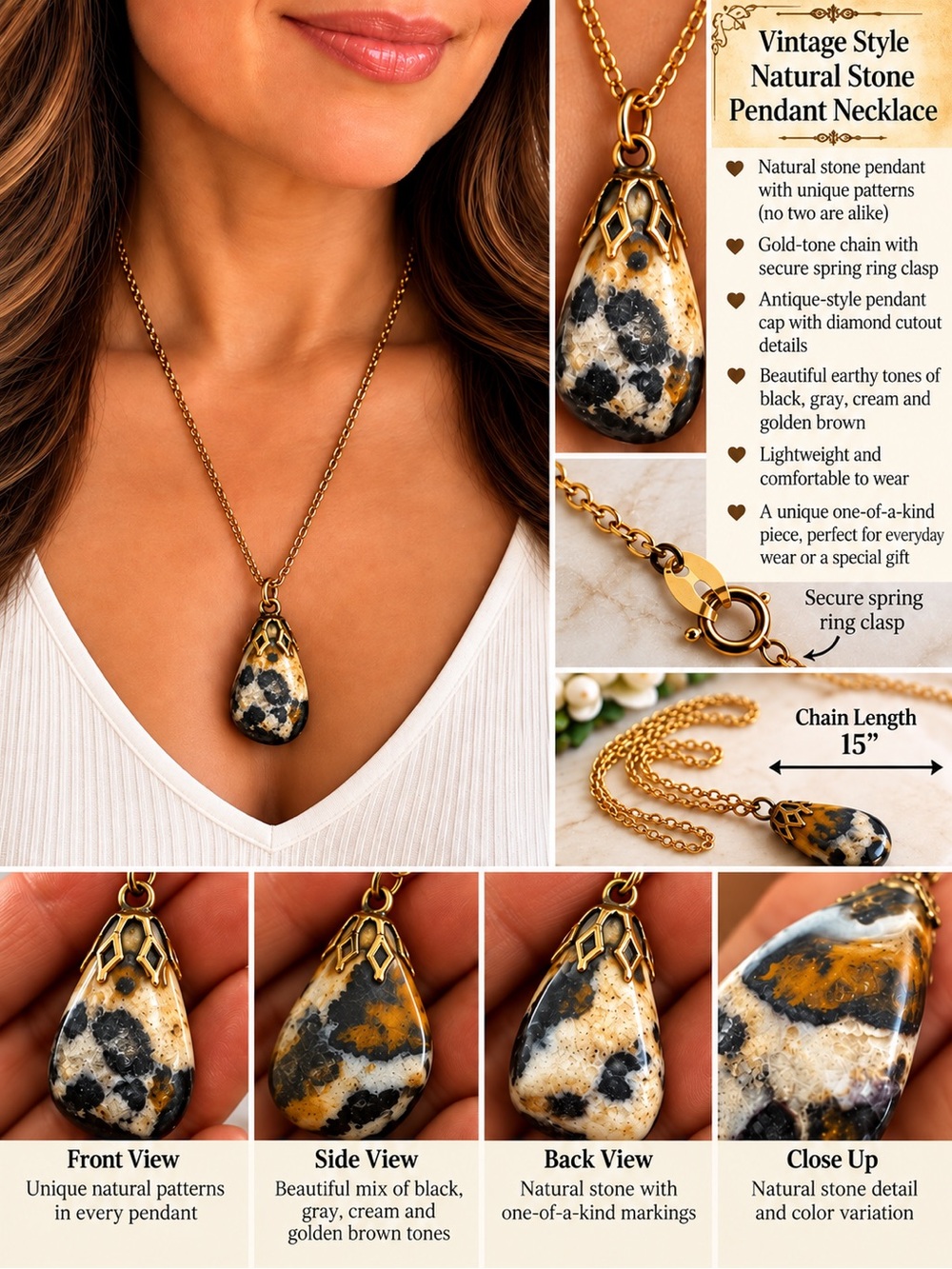 Vintage-Style Natural Stone Teardrop Pendant Necklace - Gold Chain - Unbranded